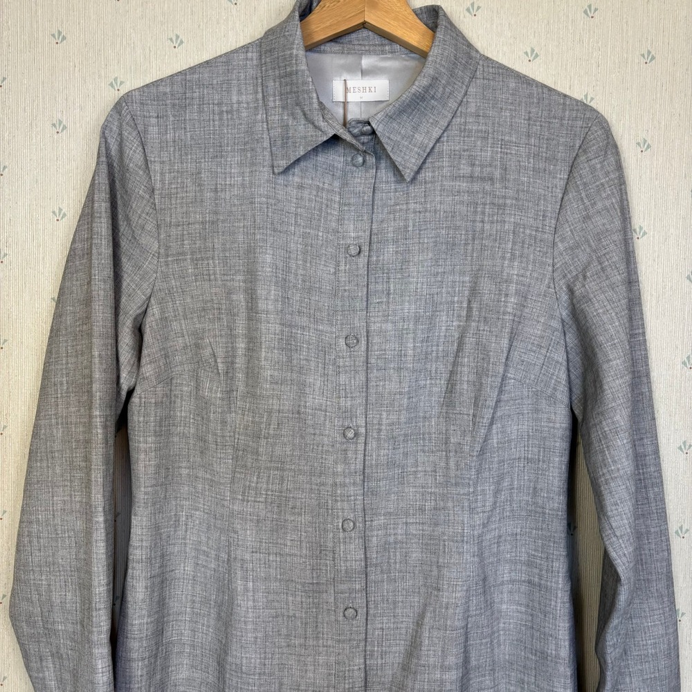 MESHKI Dorian Fitted Shirt Midi Dress Medium Charcoal Marle Minimalist Career - Picture 6 of 16